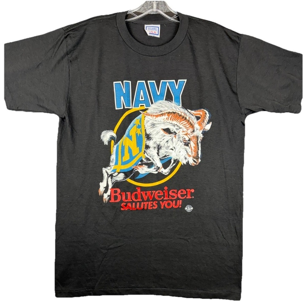 Vtg Navy Budweiser Salutes You Shirt Men's XL Black Single Stitch USA 20x29